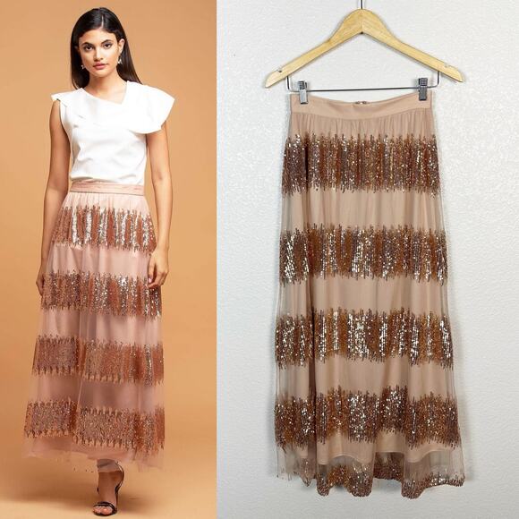 Eva Franco Womens Revelry Sequin Maxi A Line Skirt Soft Pink Rose Gold Size 2 - Picture 1 of 14